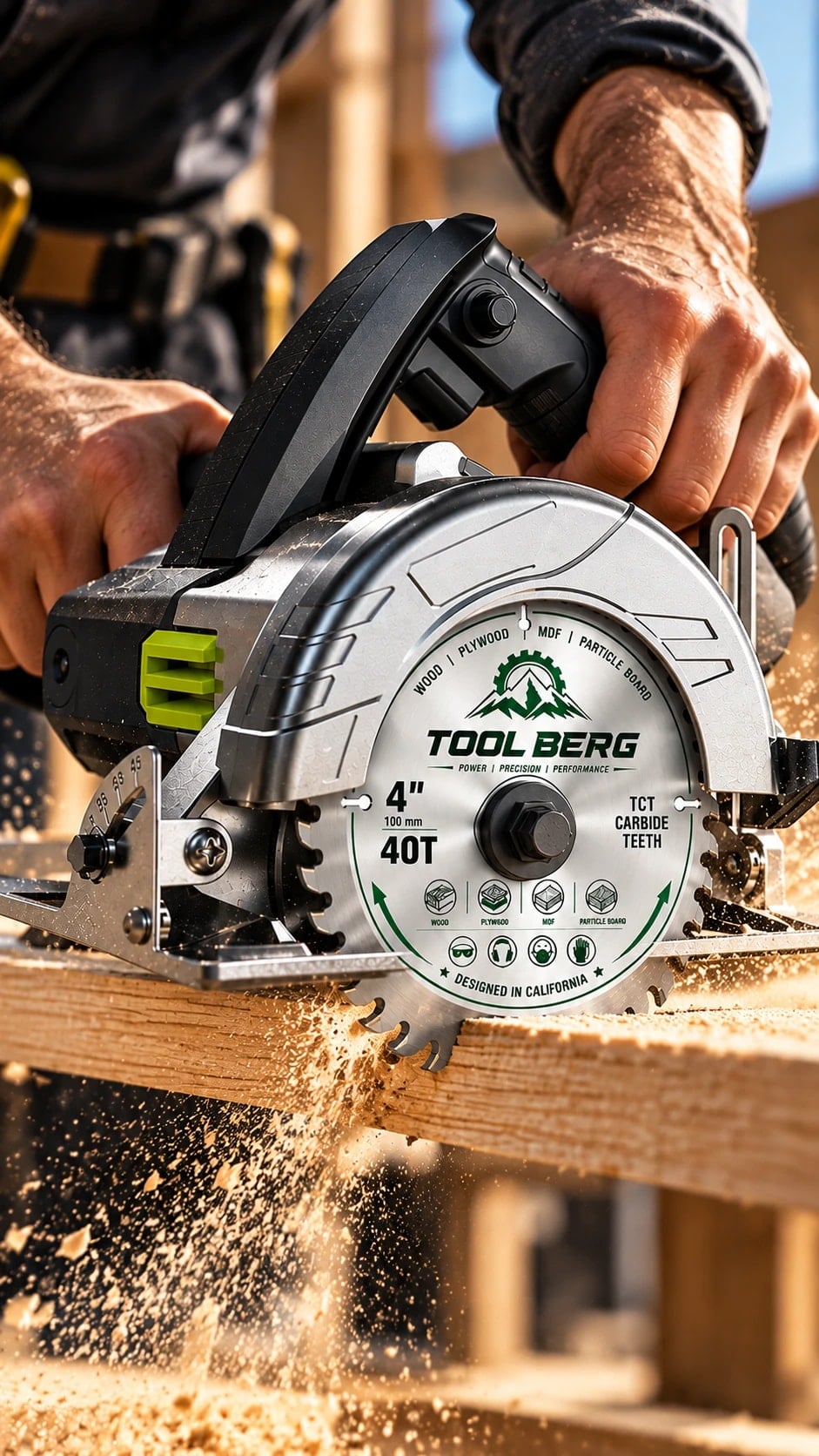 A Tool Berg 4-inch 40T TCT blade on a circular saw cutting timber, sawdust flying