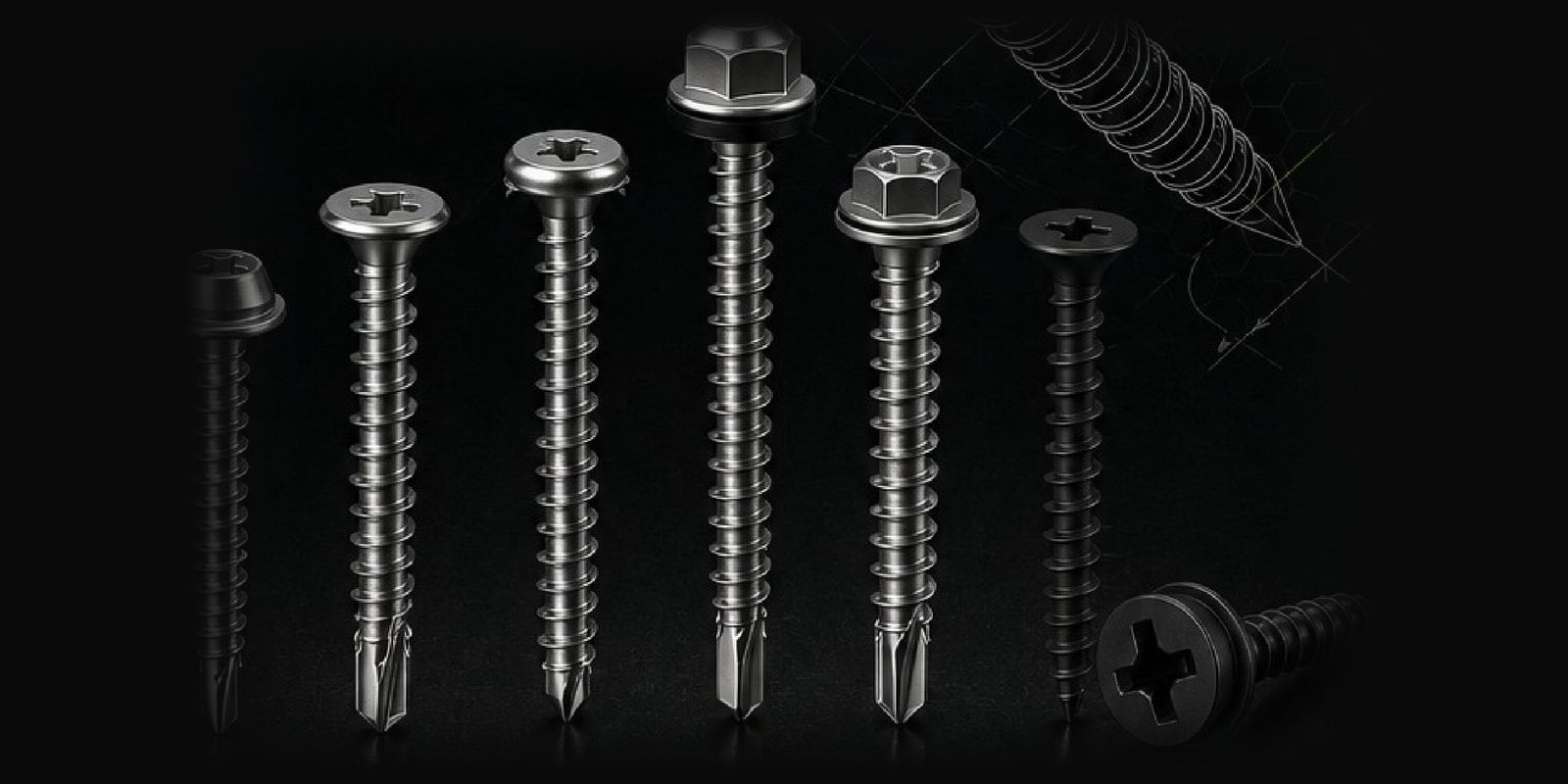 The Tool Berg screw range — roofing, chipboard, self-drilling, drilling, specialty and drywall screws in a row