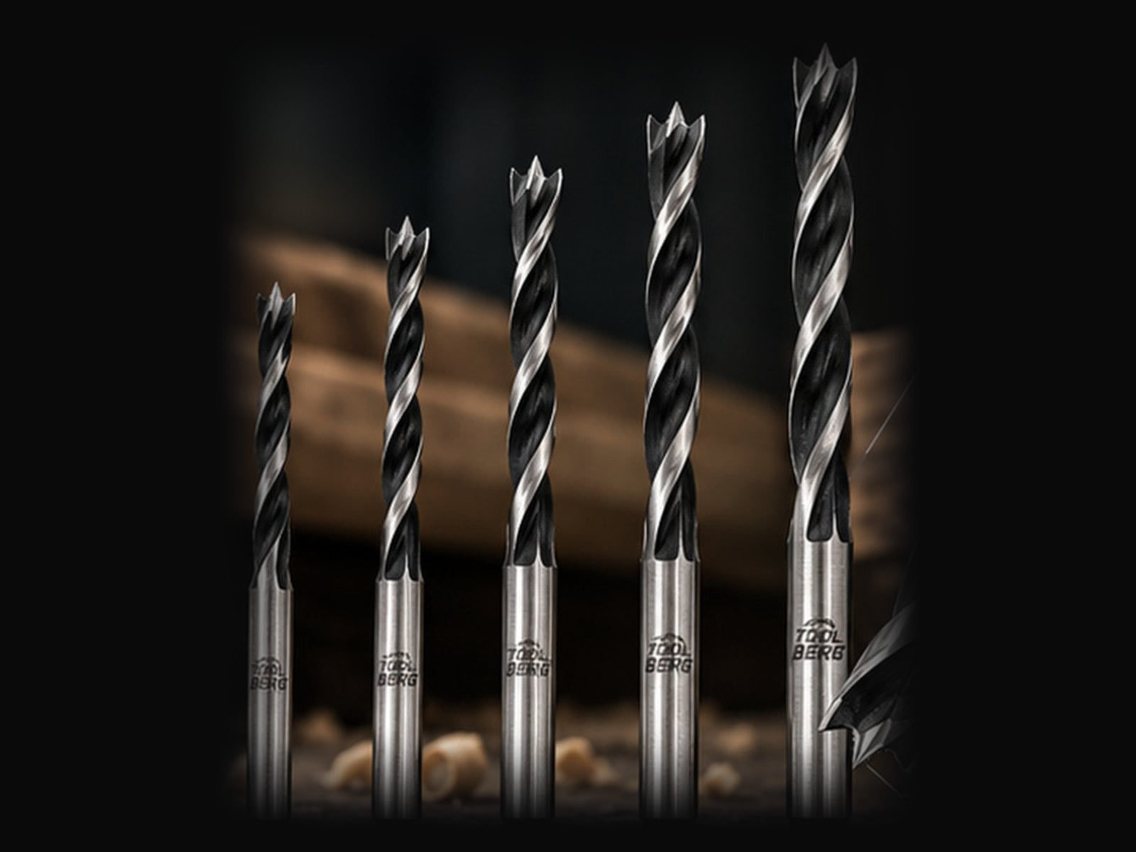 Tool Berg brad-point wood drill bits in five sizes standing on timber