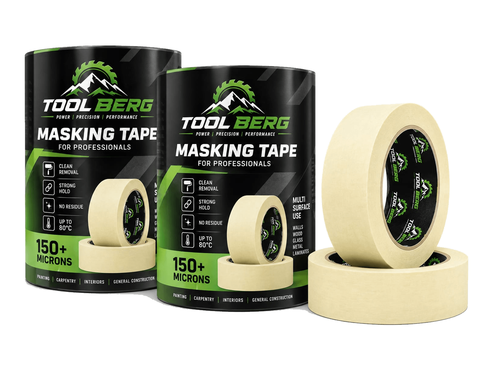 Tool Berg professional masking tape — two branded tubes and two cream tape rolls